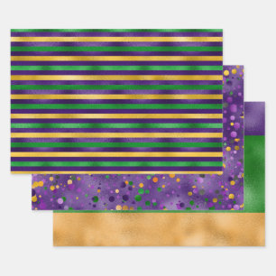 PURPLE GREEN GOLD MARDI GRAS STRIPES POLKA DOTS WRAPPING PAPER SHEET
