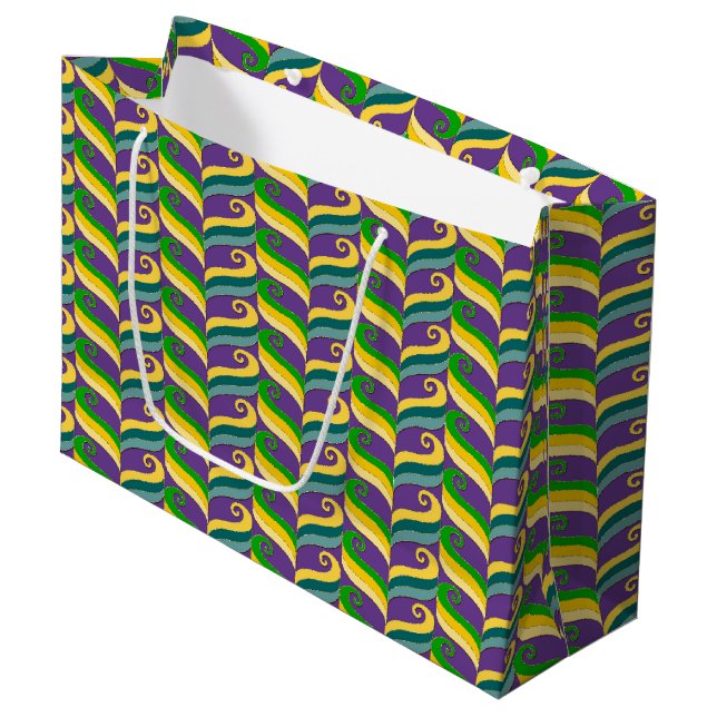 PURPLE GREEN GOLD MARDI GRAS SWIRLS LARGE GIFT BAG (Front Angled)