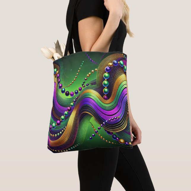 PURPLE GREEN GOLD MARDI GRAS WAVES & BEADS TOTE BAG (Close Up)