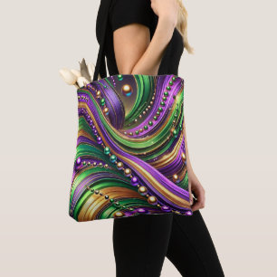 PURPLE GREEN GOLD MARDI GRAS WAVES & BEADS TOTE BAG