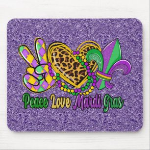 PURPLE GREEN GOLD PEACE LOVE MARDI GRAS MOUSE MAT