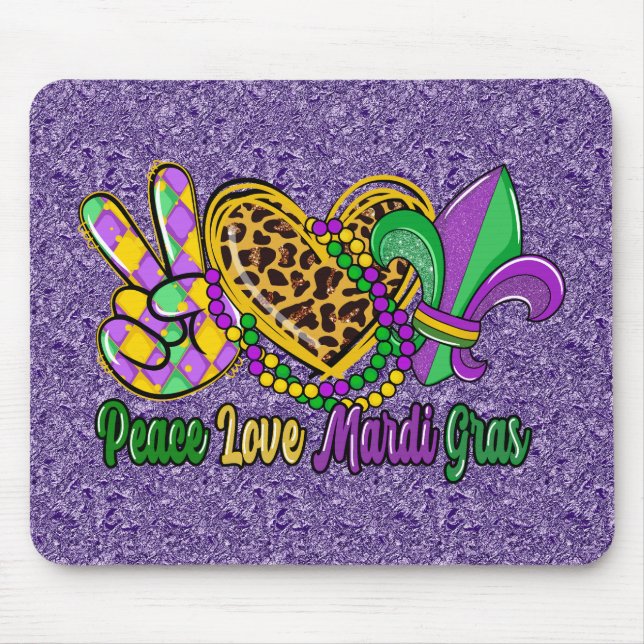 PURPLE GREEN GOLD PEACE LOVE MARDI GRAS MOUSE MAT (Front)
