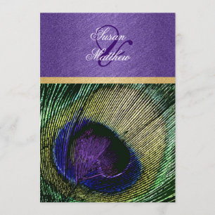 Purple green gold peacock wedding invitation