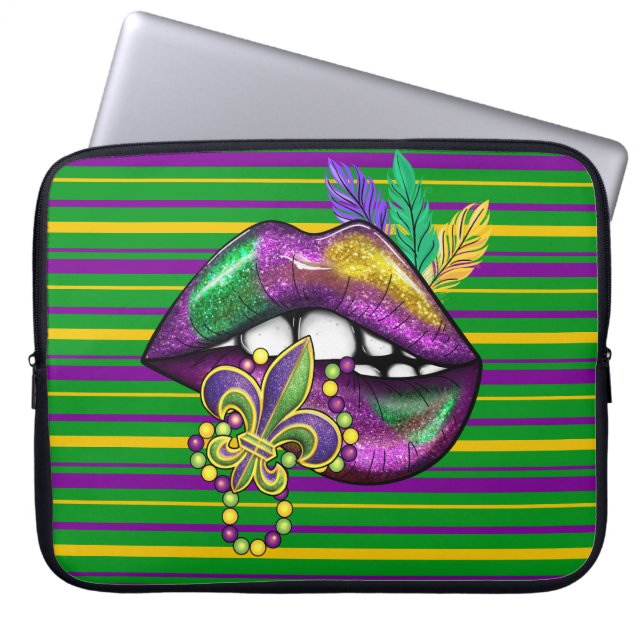 PURPLE GREEN GOLD STRIPES & LUSH LIPS LAPTOP SLEEVE (Front)