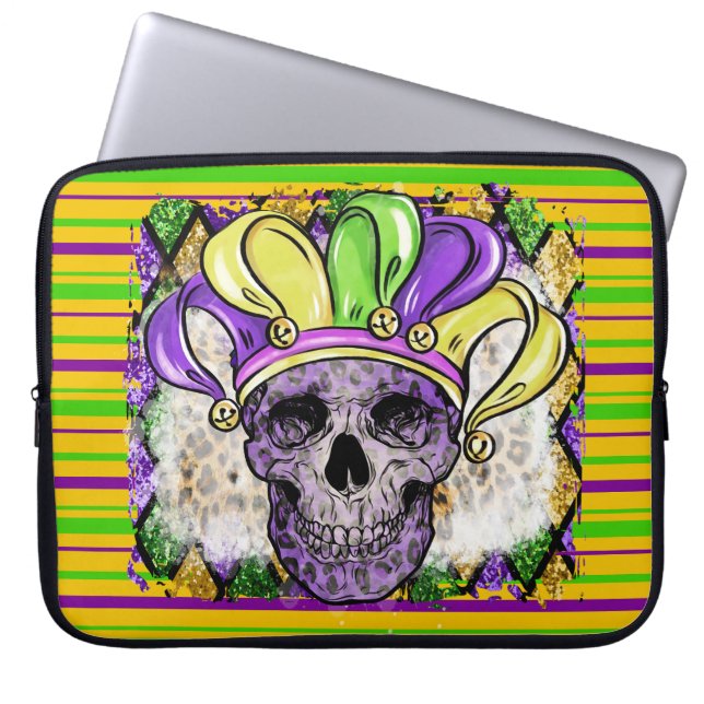PURPLE GREEN GOLD STRIPES & PURPLE SKULL LAPTOP SLEEVE (Front)