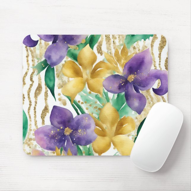 PURPLE GREEN GOLD WATERCOLOR MARDI GRAS FLOWERS MOUSE MAT (With Mouse)