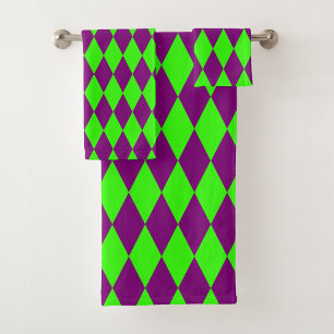 Purple Green Harlequin Checkered Design Bath Towel Set