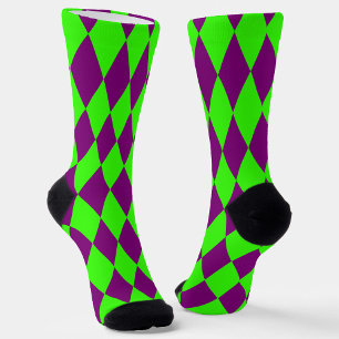 Purple Green Harlequin Checkered Design  Socks