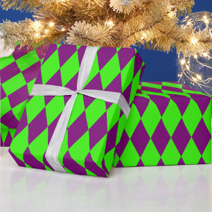 Purple Green Harlequin Checkered Design  Wrapping Paper