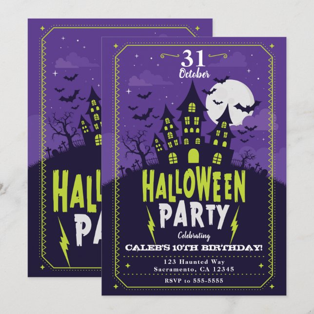 Purple & Green Haunted House Halloween Party Invitation (Front/Back)