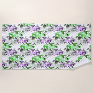 Purple & Green Horses Beach Towel