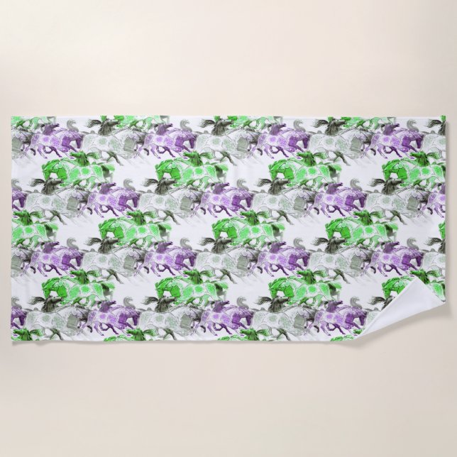 Purple & Green Horses Beach Towel (Front)