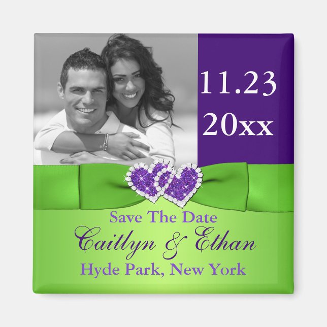 Purple, Green Joined Hearts Save the Date Magnet (Front)