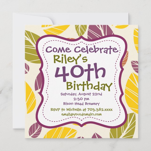 Purple Green Leaves 40th Birthday Party Invitation (Front)