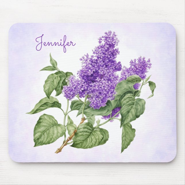 Purple Green Lilac Flower Custom Name Botanical Mouse Mat (Front)