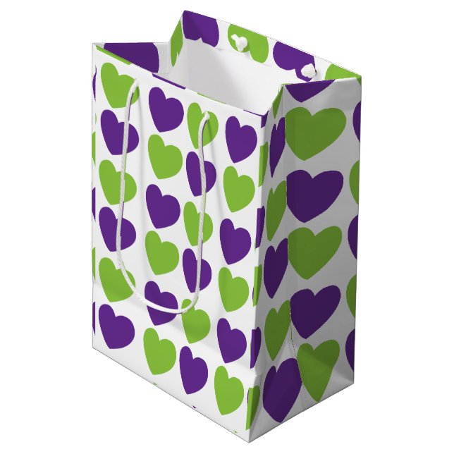 Purple Green Love Hearts Pattern Medium Gift Bag (Front Angled)