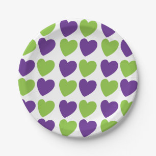Purple Green Love Hearts Pattern Party Paper Plate