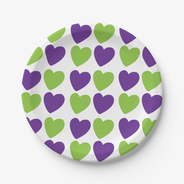 Purple Green Love Hearts Pattern Party Paper Plate (Front)