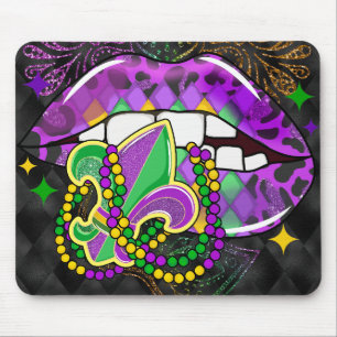 PURPLE GREEN MARDI GRAS LIPS BEADS FLEURDILIS MOUSE MAT