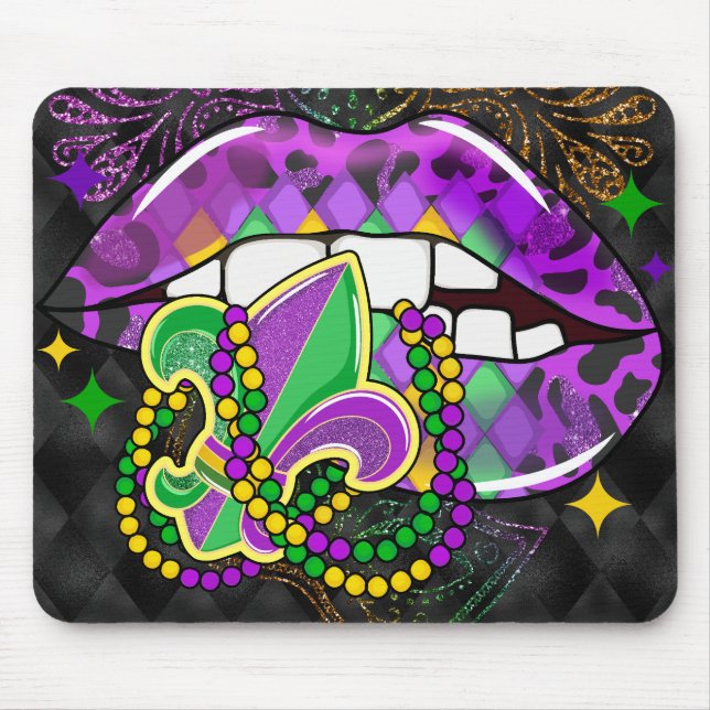PURPLE GREEN MARDI GRAS LIPS BEADS FLEURDILIS MOUSE MAT (Front)