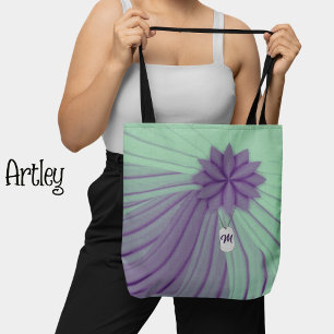 Purple Green Metal Dog Tag Monogram Draped Flower Tote Bag