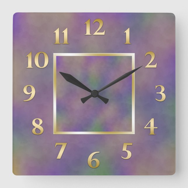 Purple Green Metallic Gold Square Wall Clock (Front)