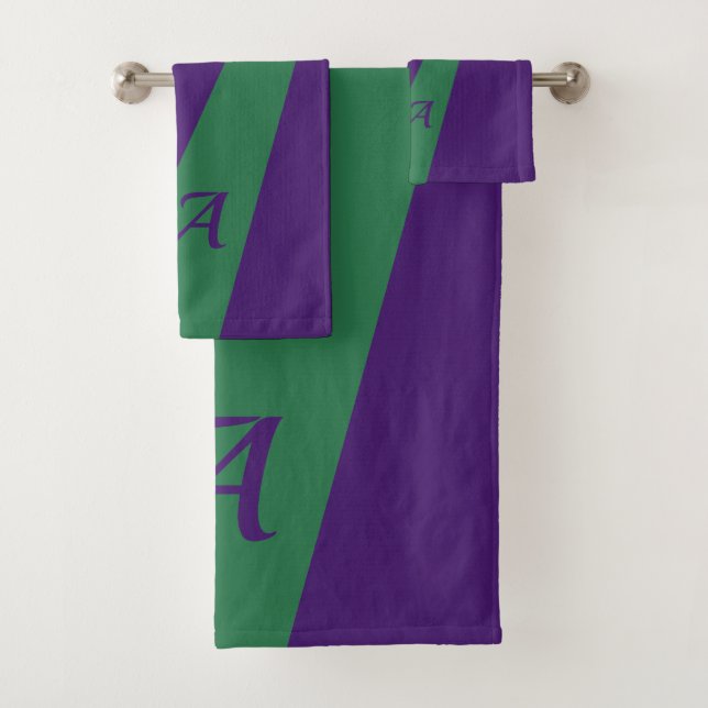 Purple green modern elegant chic bold monogrammed bath towel set (Insitu)