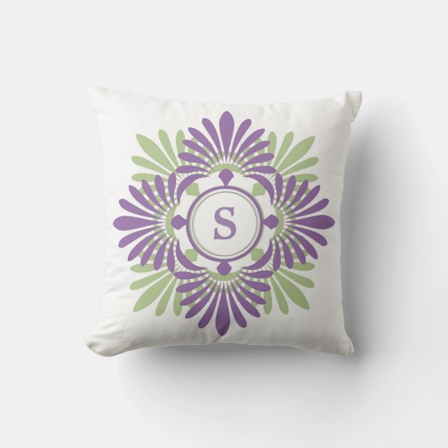 Purple Green Modern Floral Pattern Monogrammed Cushion (Front)
