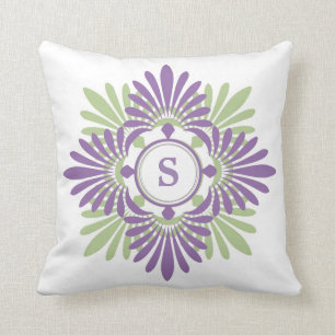 Purple Green Modern Floral Pattern Monogrammed Cushion