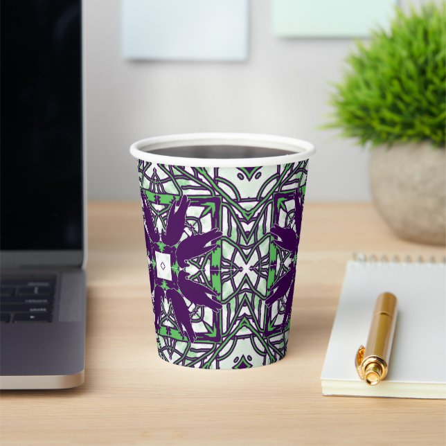 Purple/Green Murder of Crows Kaleidoscope Party Paper Cups (Insitu)