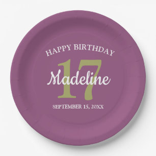 Purple Green Name Age 17th Birthday Party Any Age Paper Plate