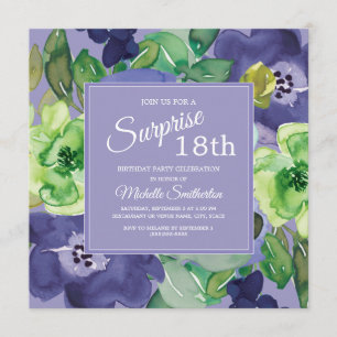 Purple Green Navy Watercolor Floral 18th Birthday Invitation