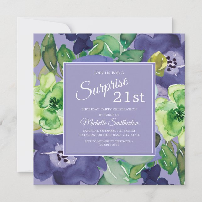 Purple Green Navy Watercolor Floral 21st Birthday Invitation (Front)