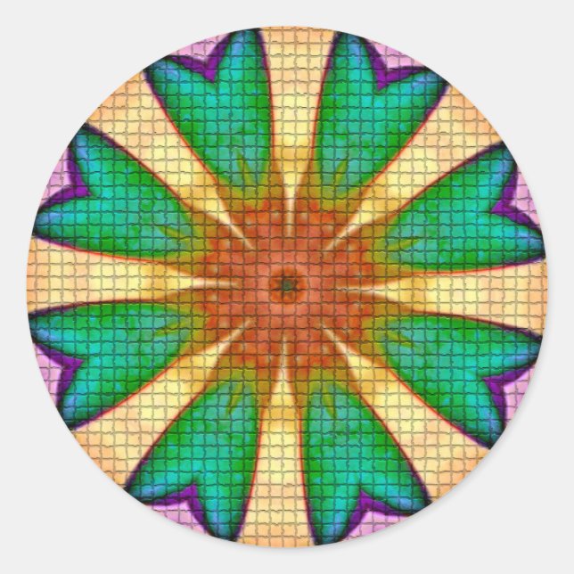 Purple Green Orange Flower Mandala Classic Round Sticker (Front)