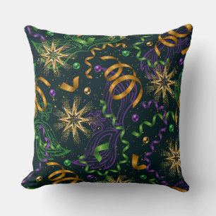 PURPLE GREEN ORANGE MARDI GRAS STREAMERS FIREWORKS CUSHION