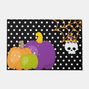PURPLE GREEN ORANGE PUMPKINS WHITE STARS DOORMAT