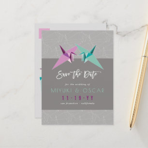 Purple & Green Origami Paper Cranes Save The Date Announcement Postcard