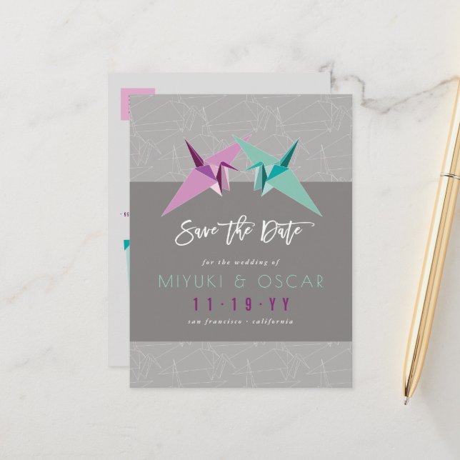 Purple & Green Origami Paper Cranes Save The Date Announcement Postcard (Front/Back In Situ)