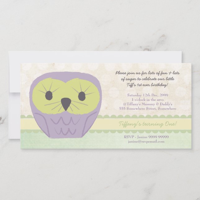 Purple & Green Owl 1st Birthday Party Invite (Front)