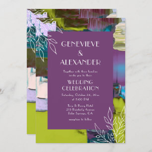 Purple Green Painted Abstract Floral Wedding Invitation