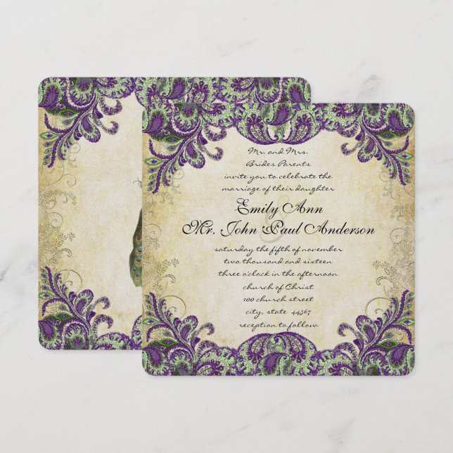 Purple & Green Peacock Wedding Invitations (Front/Back)