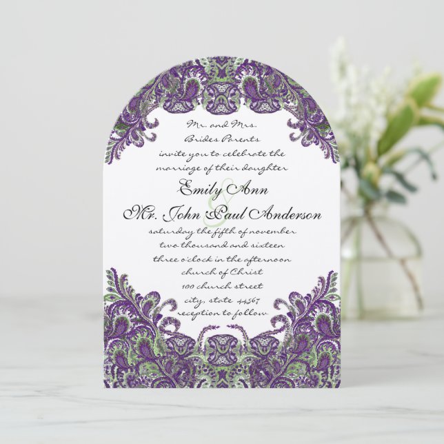 Purple & Green Peacock Wedding Invitations (Standing Front)