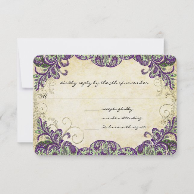 Purple & Green Peacock Wedding RSVP Card (Front)