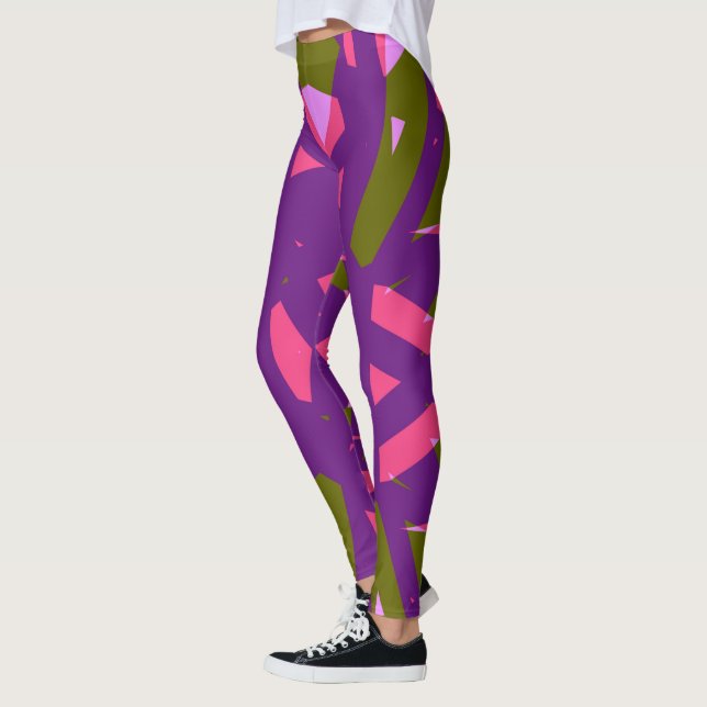 Purple Green Pink Art Deco Valentine Yoga Gym Leggings (Left)