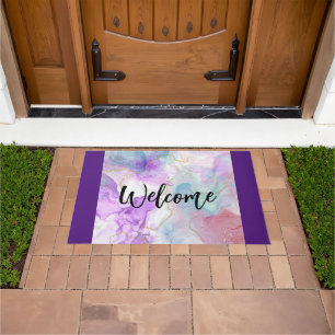 Purple, Green, Pink Flowing Colors Welcome Doormat