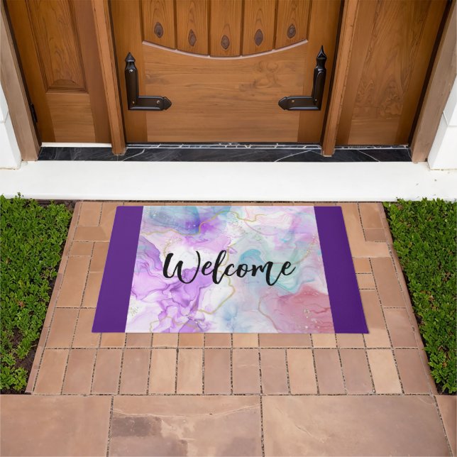 Purple, Green, Pink Flowing Colors Welcome Doormat (Outdoor)