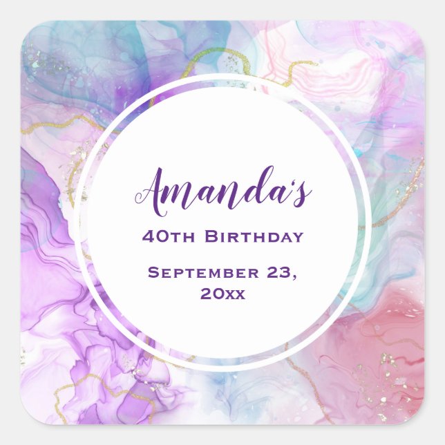 Purple, Green, Pink Flowing Colours Birthday Square Sticker (Front)