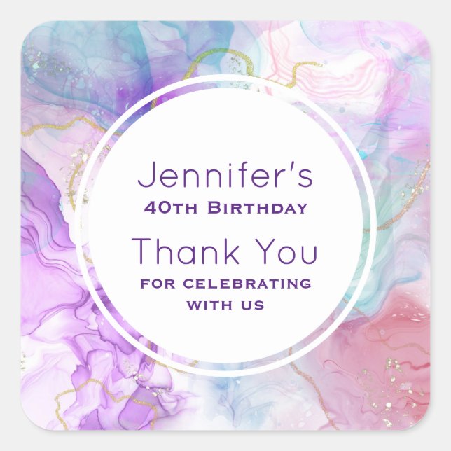 Purple, Green, Pink Flowing Colours Birthday Square Sticker (Front)