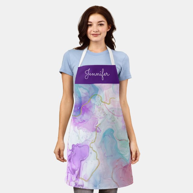 Purple, Green, Pink Flowing Colours Elegant Apron (Worn)