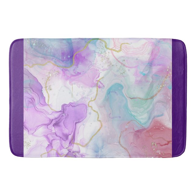 Purple, Green, Pink Flowing Colours Elegant Bath Mat (Front)
